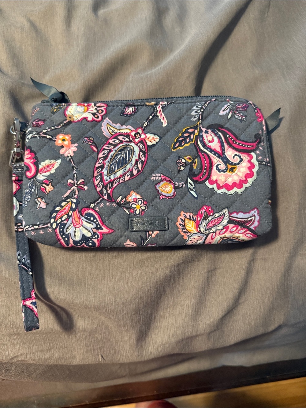 Vera Bradley Quilted Wristlet in Gray with Pink Paisley